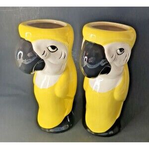 Set  of 2 Vintage Yellow Parrot Macaw Ceramic Tiki Mug Barware Vase DW125